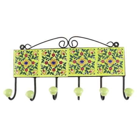 Forest Green Leaf Flower Ceramic Tile Hook in Pea Green Base